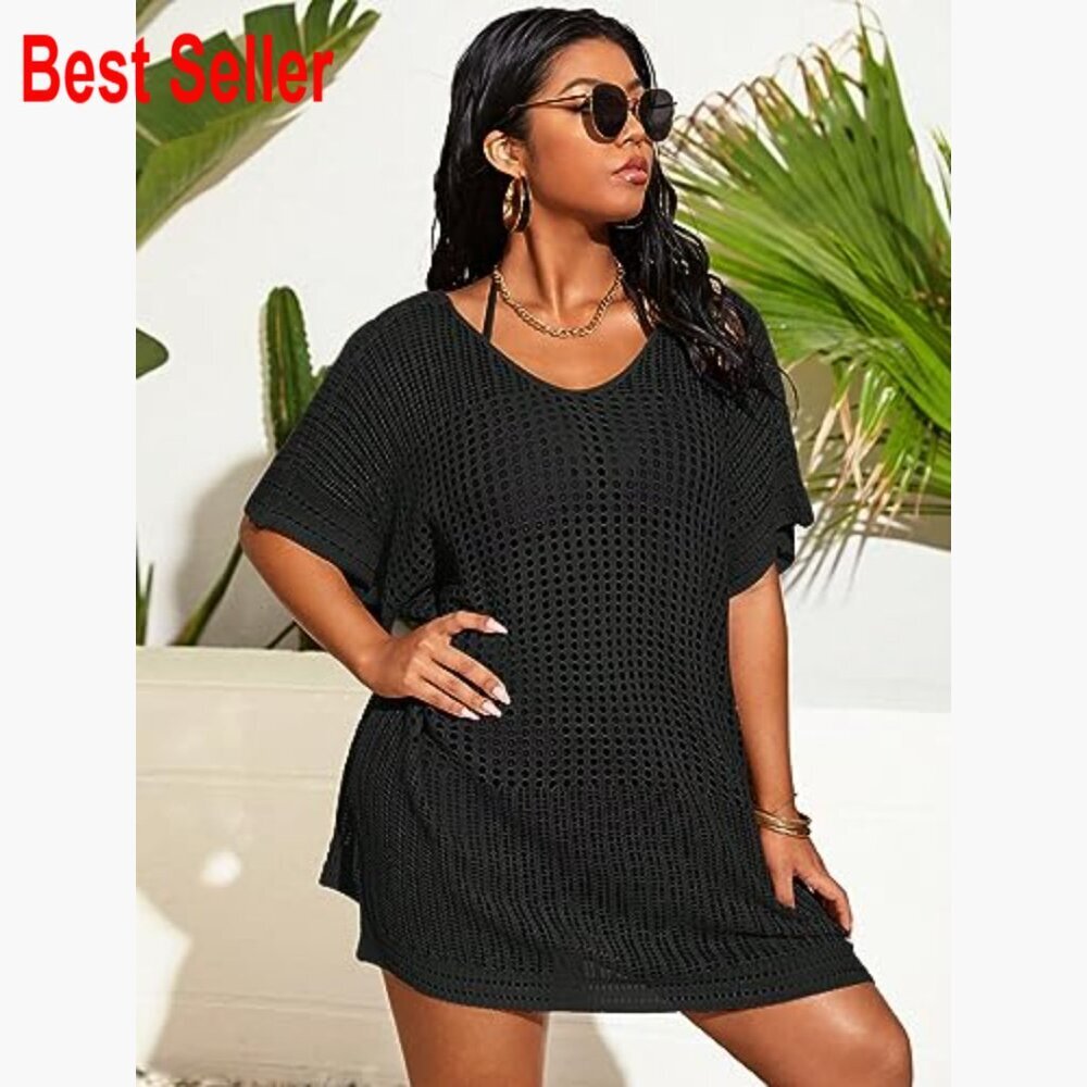 Plus Size Casual Summer Short Sleeve Cover Up Hollow Out Split Swimsuit Beach - Picture 3 of 4